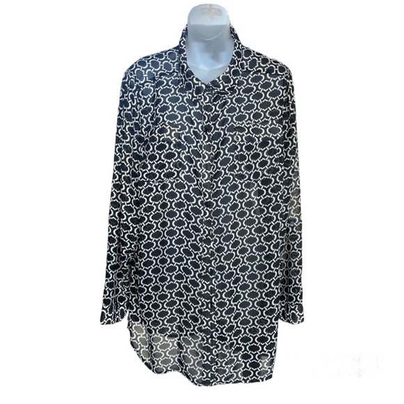 Lane Bryant 18/20 B & W Lattice Print Chiffon Roll Sleeve Button Blouse - Picture 1 of 7